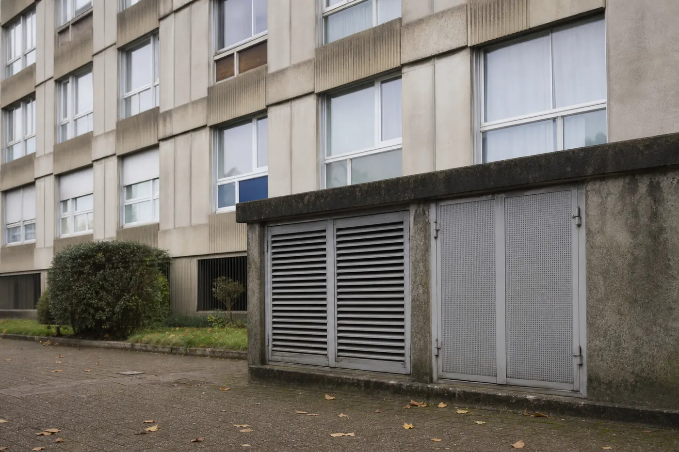 Pied d’immeuble d’habitation en béton des années 1970, local technique et grilles de ventilation au rez-de-chaussée