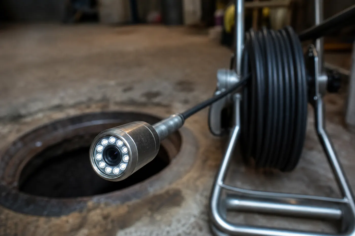 Tête de caméra d’inspection et son anneau de diodes allumé, présentée à l’entrée d’une canalisation ouverte