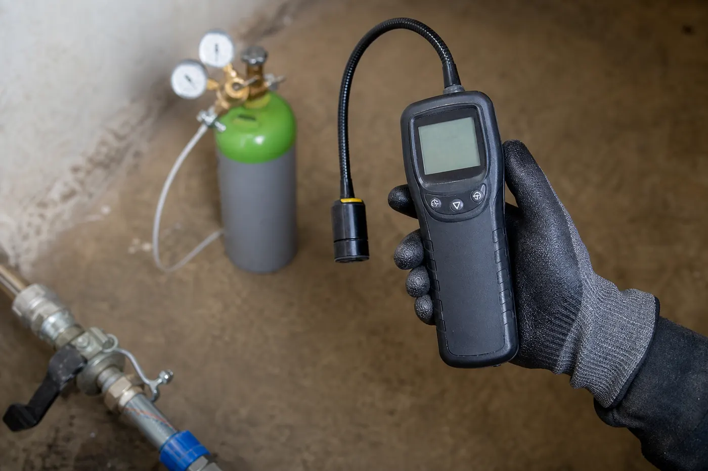 Détecteur portatif de gaz traceur tenu en main gantée, bouteille de gaz et son détendeur posés en arrière-plan