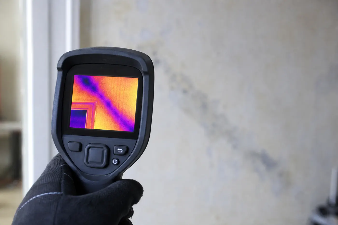 Écran de caméra thermique tenu à la main devant un mur, une trace froide en diagonale apparaît en violet sur le fond orange